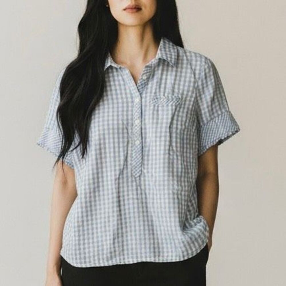 Crown & Ivy Blue White Gingham Top M Dorothy Coastal OZ Classic Preppy Old Money